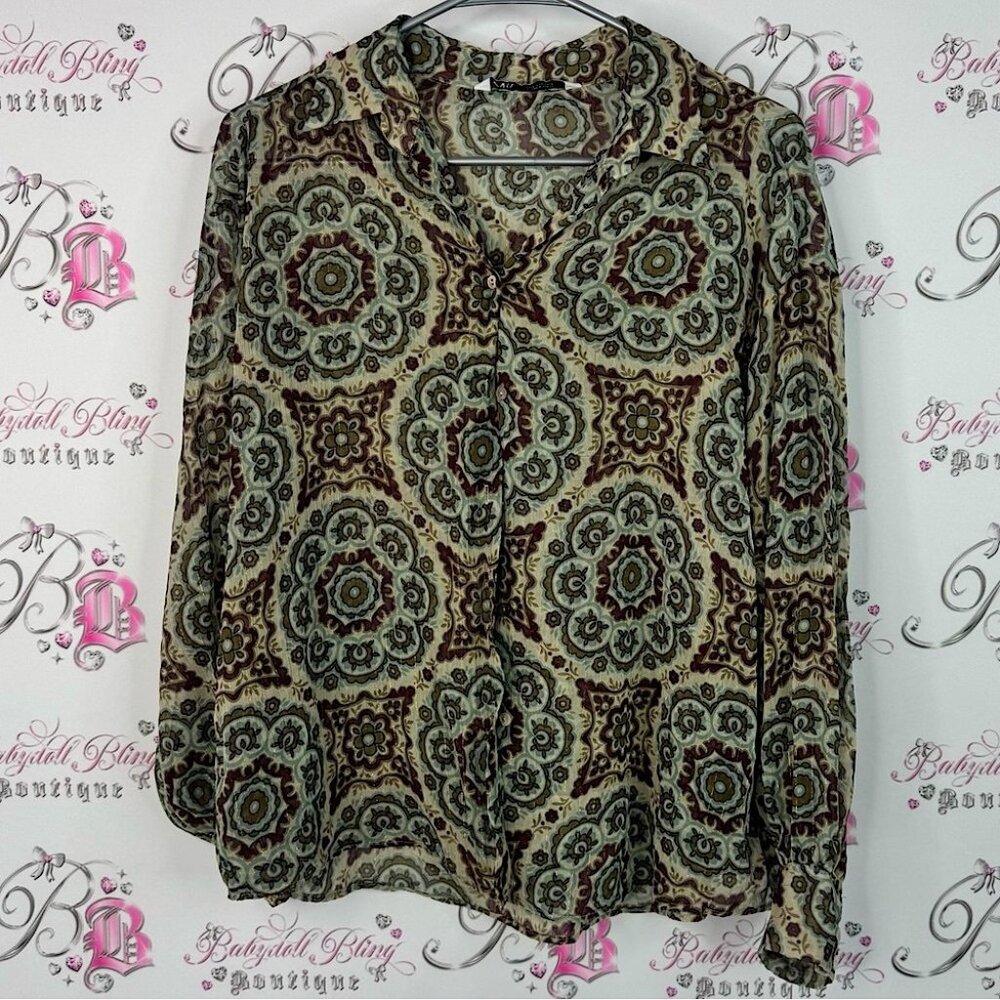 Zara blouse gold threads sparkly mandala button up Multicolor Patterned Blouse